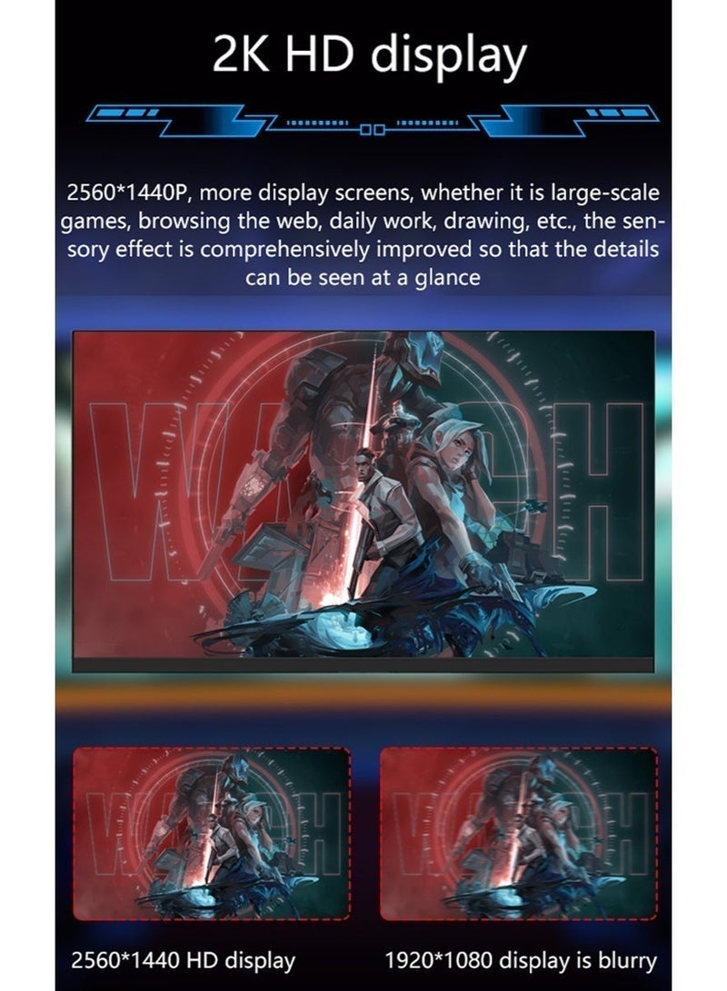 شاشة ألعاب 27 بوصة بدقة 2K، 180 هرتز، 2560 × 1440 بكسل، زمن استجابة 1 مللي ثانية، تدعم تقنية AMD FreeSync، مزودة بمنافذ HDMI/DP، ومكبرات صوت مدمجة، وتقنية تقليل الضوء الأزرق، وخالية من الوميض، وإضاءة خلفية RGB، مثالية للألعاب والعمل، وحامل قابل للرفع والتدوير. - Image 4